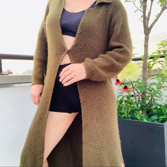 SOLD ON MERC Italian Knit Thick Long Mohair Wool Duster Cardigan Army Green - Picture 3 of 16